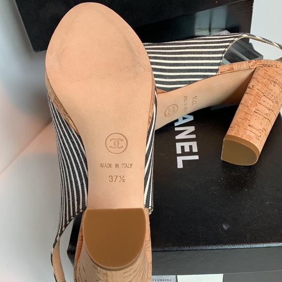 CHANEL Shoes Black White Striped Platform Cork Canvas Patent Slingback CC Heels - Picture 9 of 16